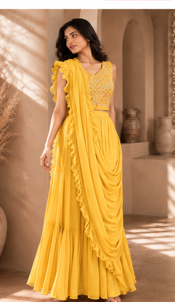 Rani Pink Draped Ruffle Saree Set - Yellow