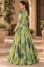 Sage green floral printed floor-length gown with sheer sleeves, back view, Silai Parampara Studio