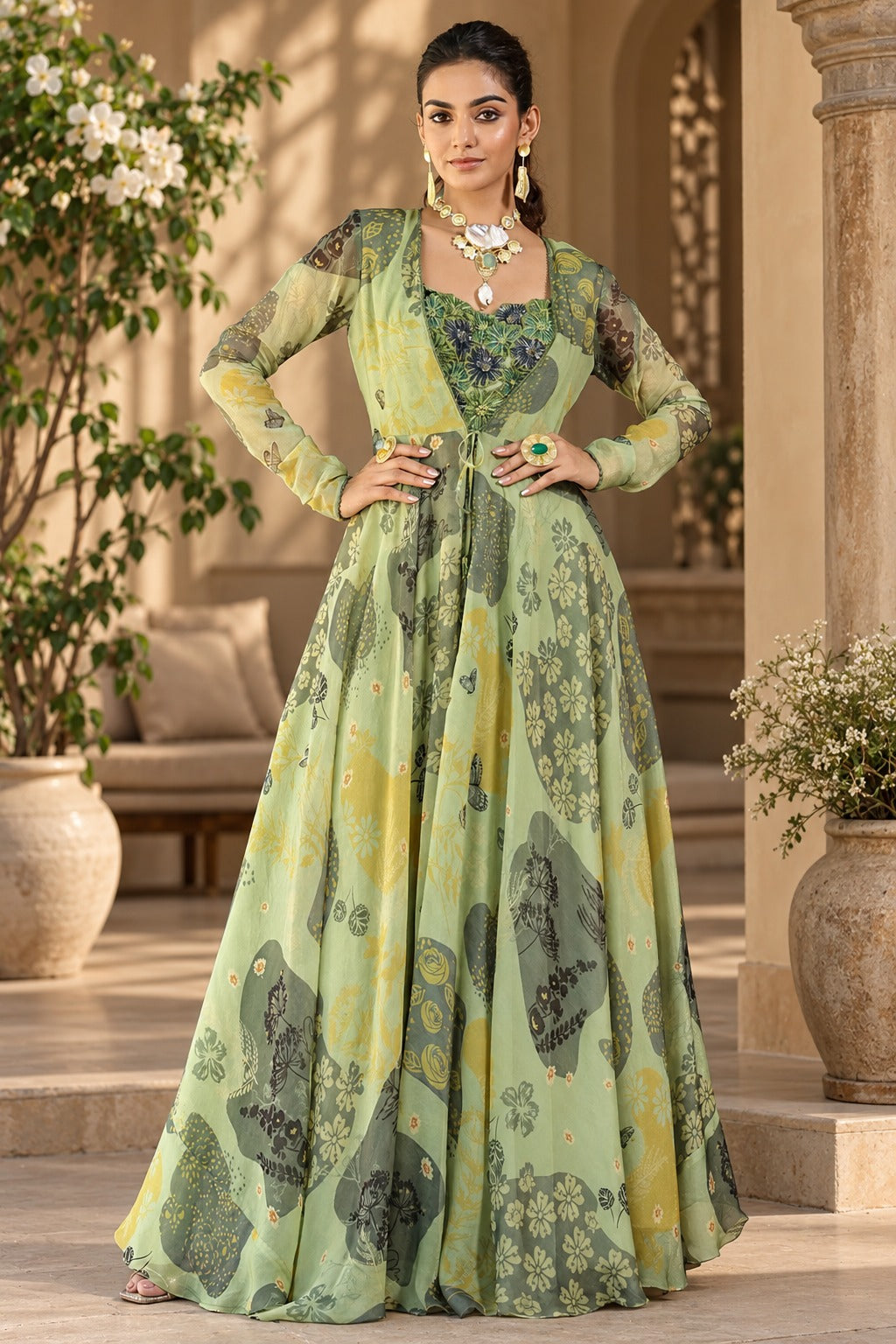 Sage green floral printed floor-length gown with sheer sleeves, front view, Silai Parampara Studio