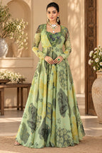 Sage green floral printed floor-length gown styled for festive and occasion wear, Silai Parampara Studio