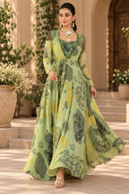 Sage green floral printed floor-length gown with sheer sleeves, side view, Silai Parampara Studio