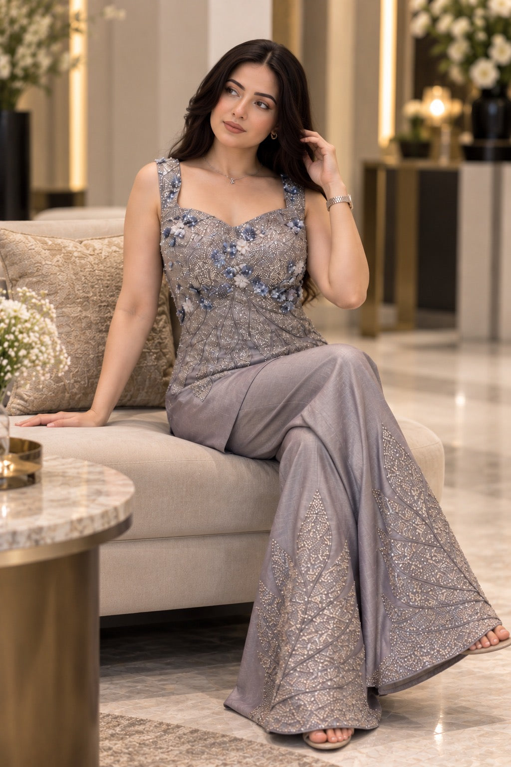 Silver grey embellished kurta palazzo set styled with detailed floral embroidery by Silai Parampara Studio