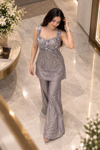 Silver grey embroidered kurta and wide leg palazzo set viewed from above