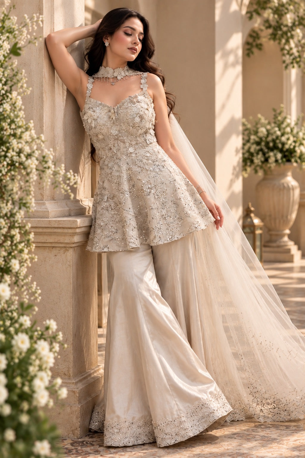 White embroidered corset style kurta with palazzo pants and sheer dupatta, front full-length view