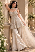 White embroidered corset style kurta with palazzo pants and sheer dupatta, front full-length view
