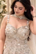 Close-up of white floral embroidered corset style kurta with delicate embellishment and neckline