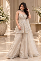 White floral embroidered corset kurta with wide-leg palazzo pants and long sheer dupatta