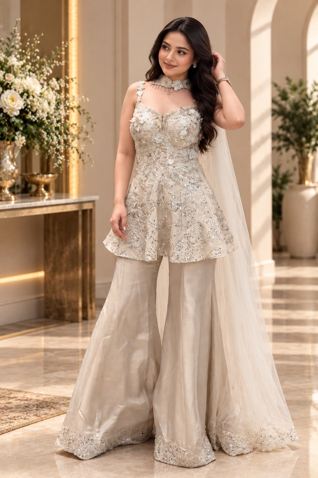 White embroidered ethnic co-ord set with detailed floral lace work and sheer dupatta, full view