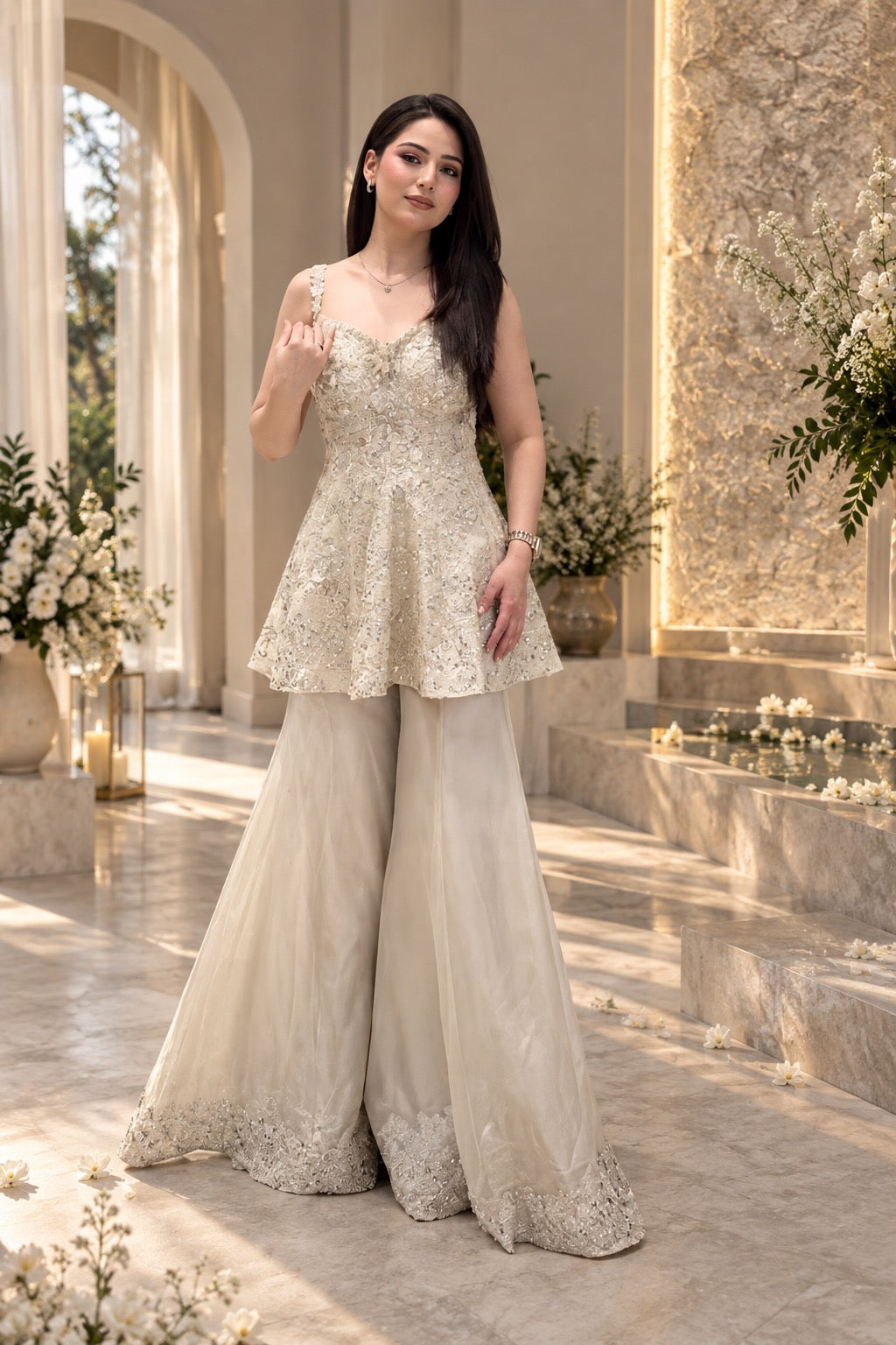 White embroidered corset top and palazzo pants with delicate floral hem detailing, front fashion view
