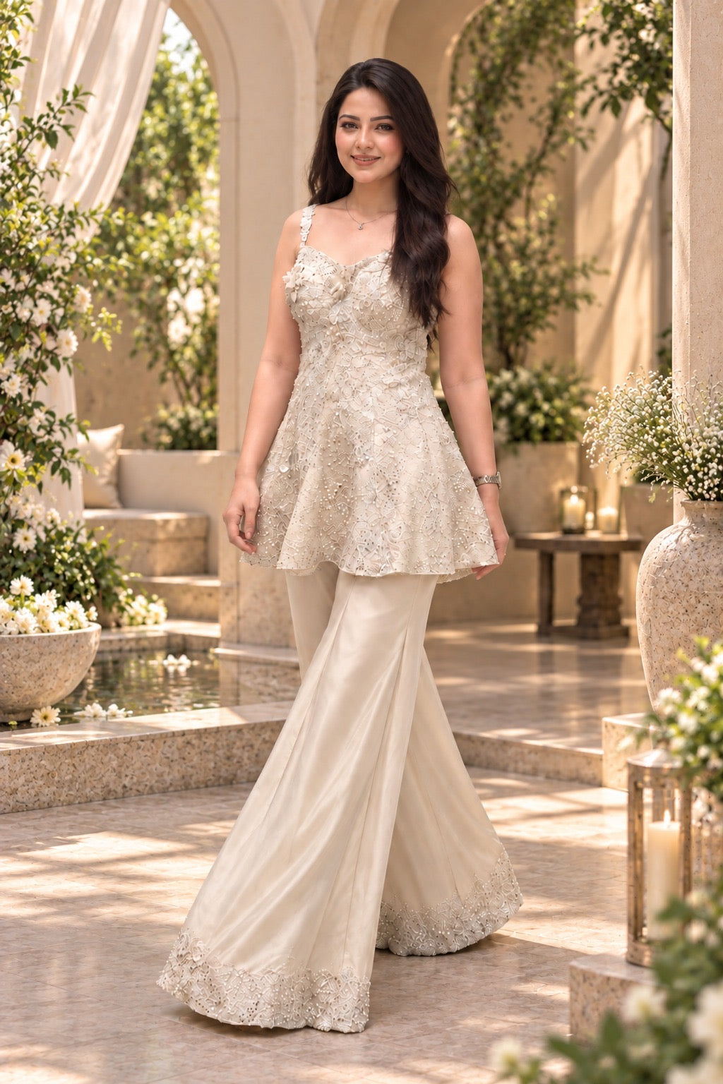White embroidered kurta and palazzo set with sheer dupatta, refined festive occasion wear