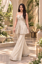 White embroidered kurta and palazzo set with sheer dupatta, refined festive occasion wear